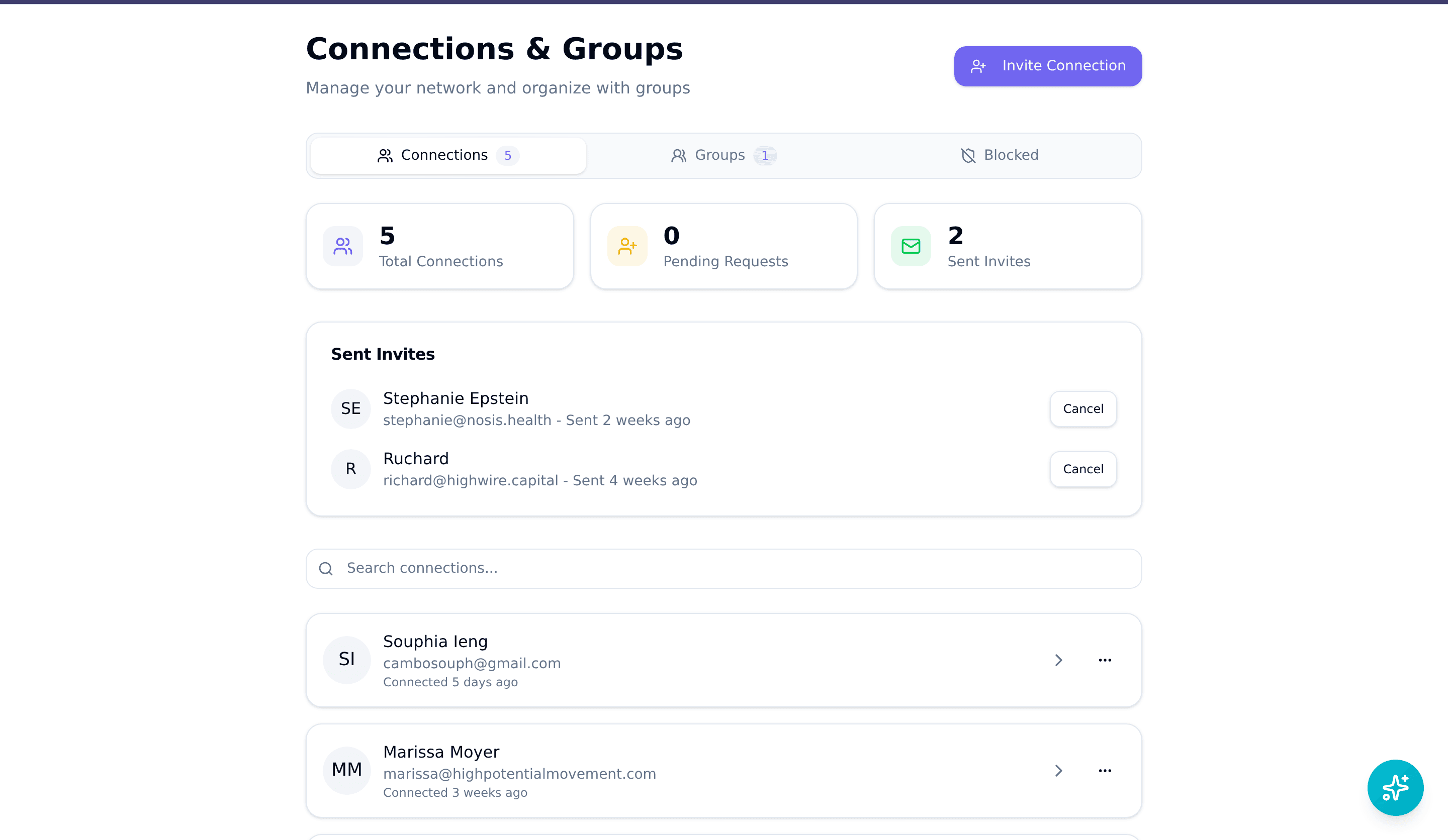 Screenshot of the connections and sharing interface