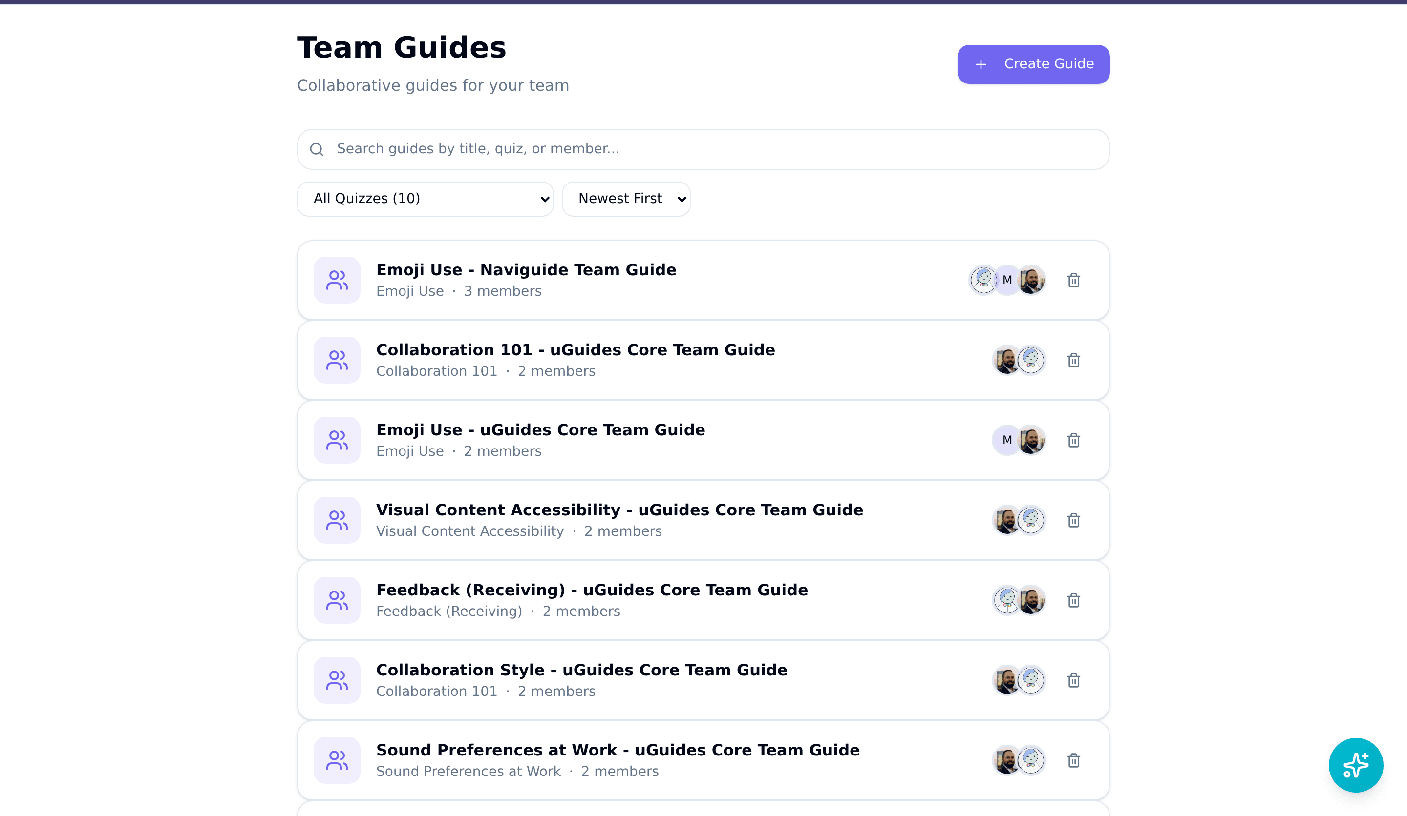 Screenshot of the team guide collaboration view