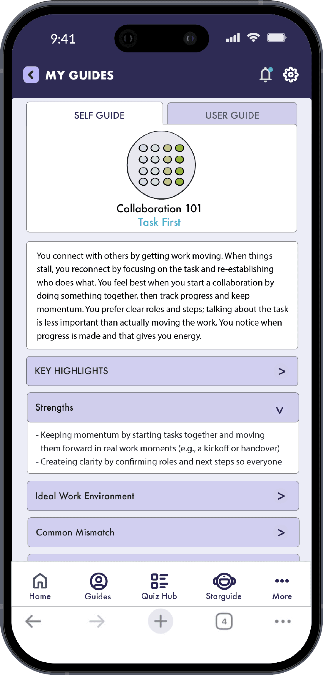 NaviGuide Self Guide screen showing personal insights