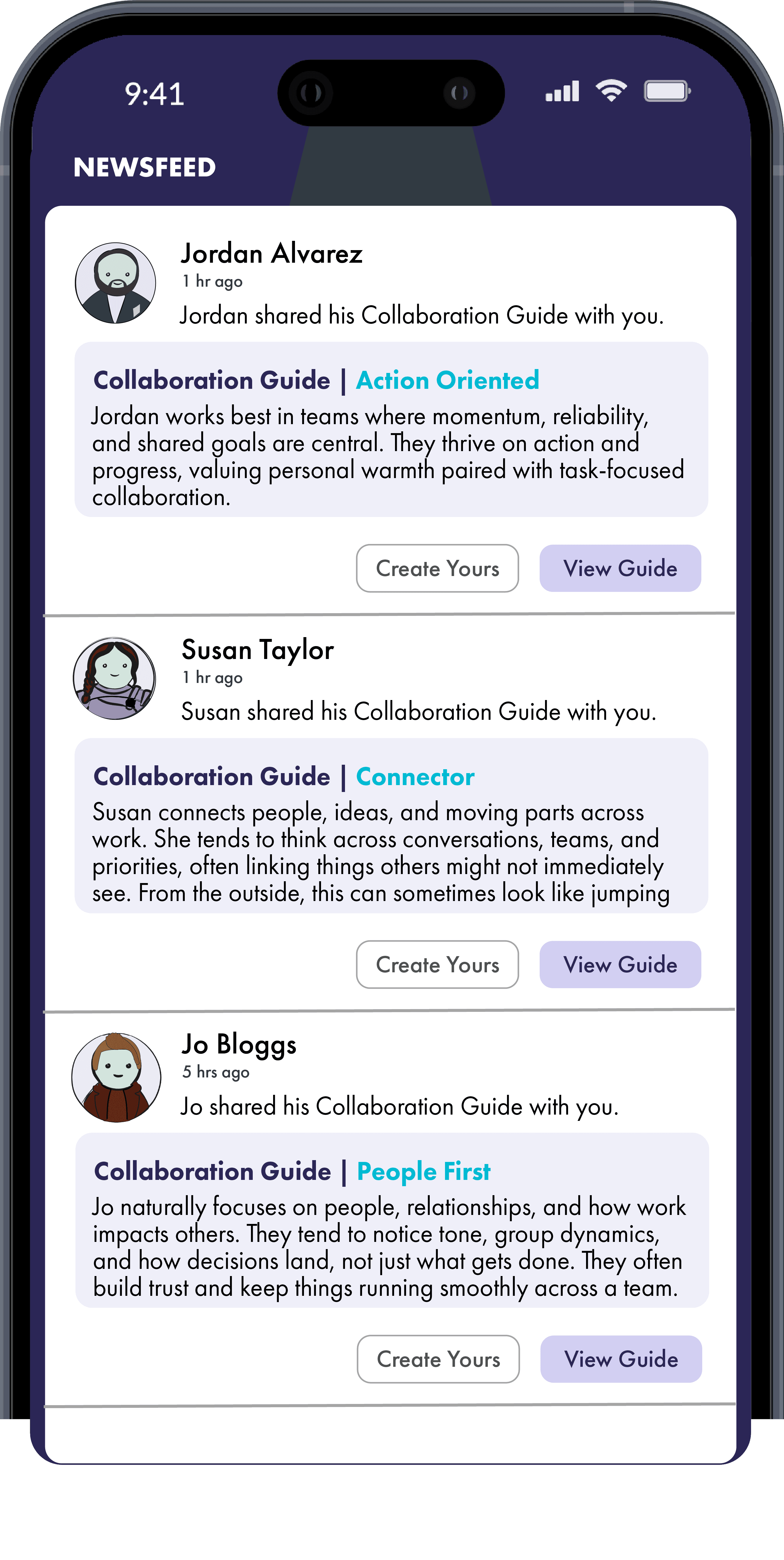 Newsfeed of network connections sharing collaboration guides