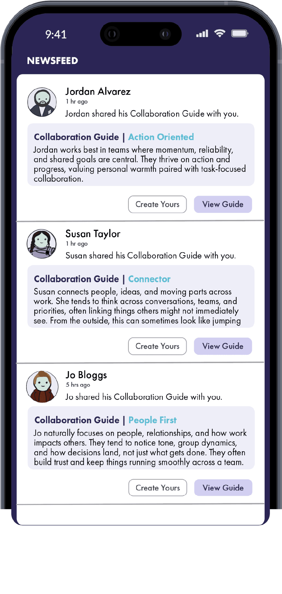 Phone showing a newsfeed of connections sharing collaboration guides