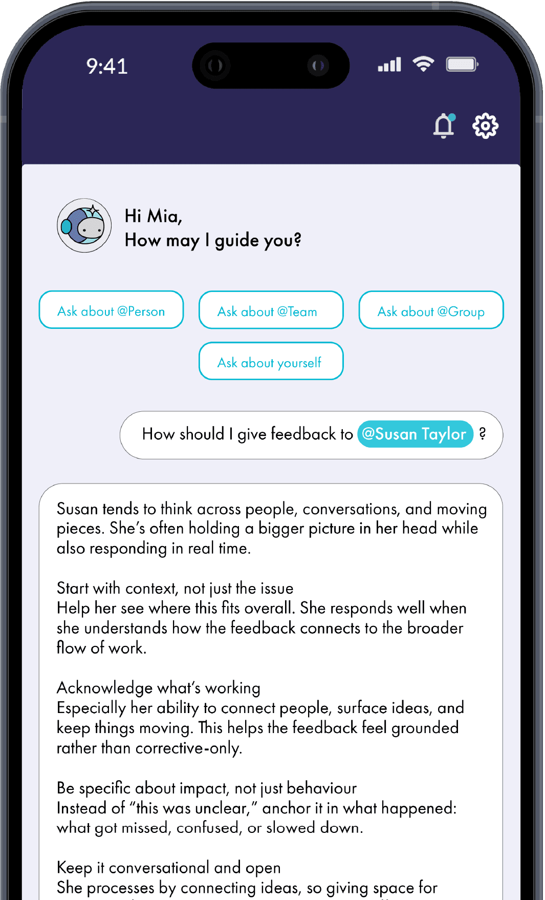 Phone showing the Starguide chat assistant with @-mention prompts
