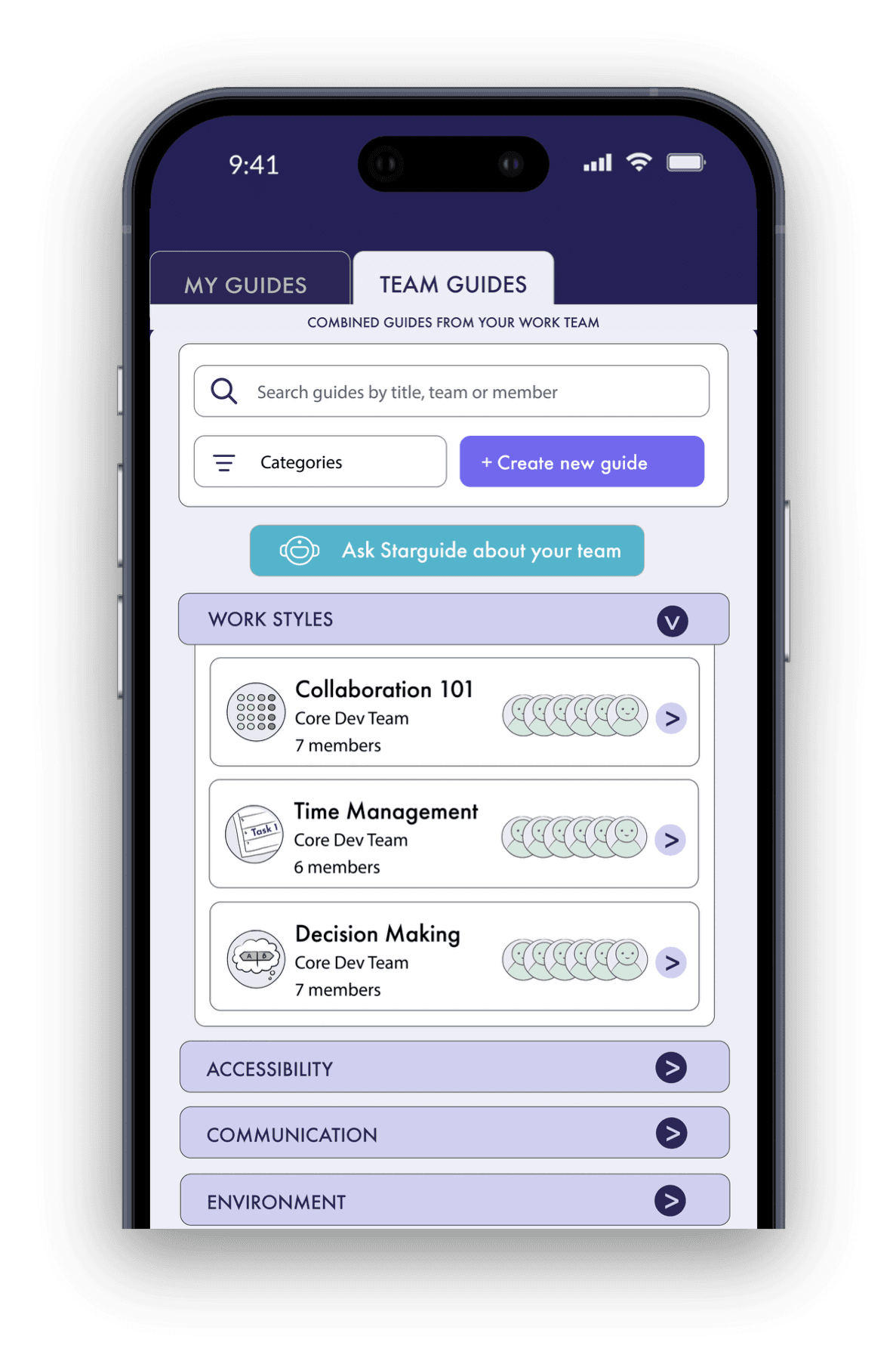 Phone showing team guides with shared strengths and Ask Starguide about your team